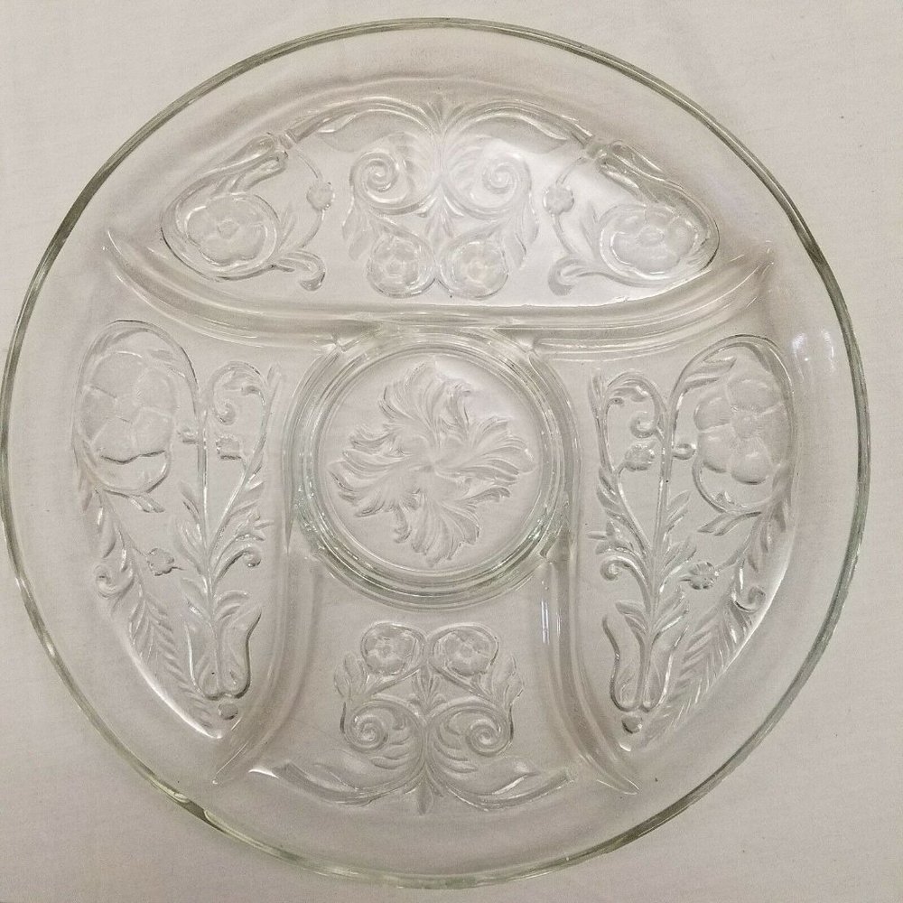 Glass Divided Serving Platter vegetable & dip Plate 11.5" EUC 5 sections flowers